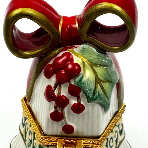 Fitz and Floyd Christmas Bells Hinged Trinket Box Holiday Ceramic Candy Jar Hand - Picture 5 of 12